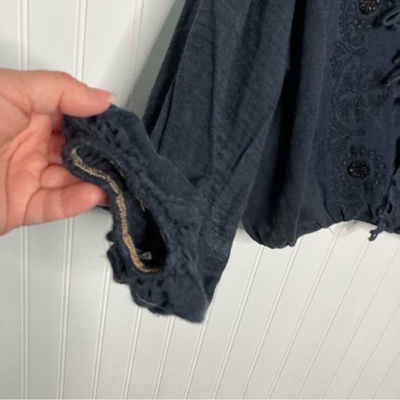 Free People Top Desert Sands Black Embroidered Fringe Boho Peasant Shirt Casual - Picture 10 of 10